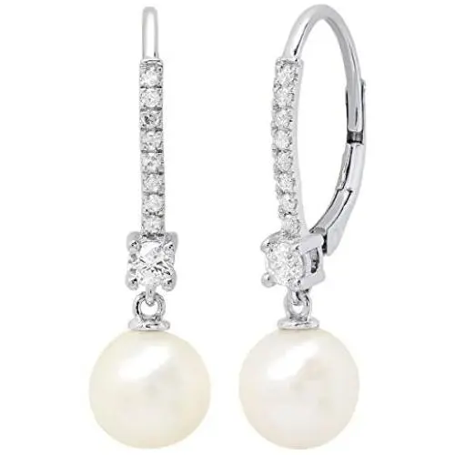 Dazzlingrock Collection 10K Gold 8 MM Each Round White Freshwater Pearls & Diamond Ladies Drop Earrings