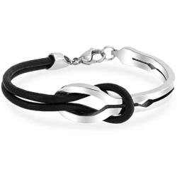 Infinity Love Knot Bangle Bracelet for Women for Girlfriend Two Tone Black Genuine Leather Silver Tone Stainless Steel