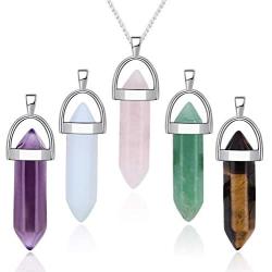 5pcs Crystal Necklace Hexagonal Pendant Gemstone Chakra Healing stone Crystal Jewelry for Women Girls Men Birthday Gifts