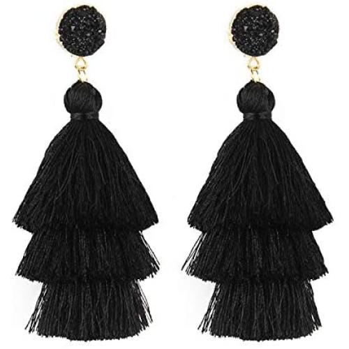 Tassel Earrings Drop Dangle Bohemian Colorful Layered Tiered Thread Fringe Stud Earrings