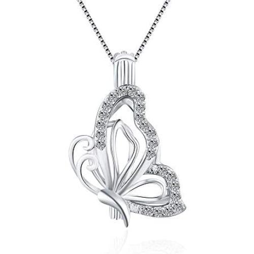 LGSY Sterling Silver Butterfly CZ Pearl Cage Pendants for Women, Essential Oil Diffuser Lockets for Pearl Jewelry