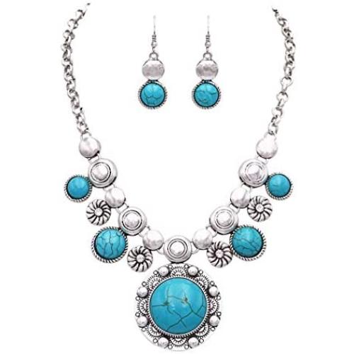 Rosemarie Collections Women’s Western Style Circular Turquoise Concho Statement Necklace Earrings Set