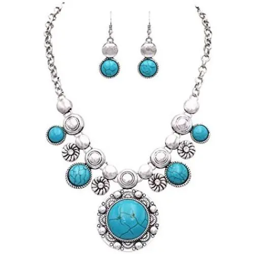 Rosemarie Collections Women’s Western Style Circular Turquoise Concho Statement Necklace Earrings Set Rosemarie Collections Women’s Western Style Circular Turquoise Concho Statement Necklace Earrings Set