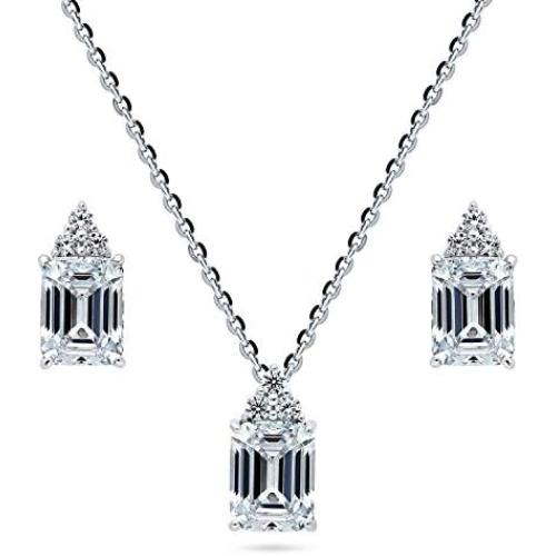 BERRICLE Rhodium Plated Sterling Silver Emerald Cut Cubic Zirconia CZ Solitaire Bridal Bridesmaid Fashion Necklace and Earrings Set