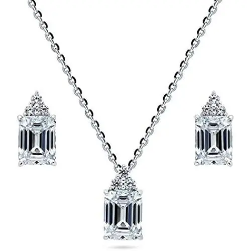BERRICLE Rhodium Plated Sterling Silver Emerald Cut Cubic Zirconia CZ Solitaire Bridal Bridesmaid Fashion Necklace and Earrings Set BERRICLE Rhodium Plated Sterling Silver Emerald Cut Cubic Zirconia CZ Solitaire Bridal Bridesmaid Fashion Necklace and Earrings Set