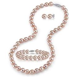 THE PEARL SOURCE 14K Gold 7-8mm Round Pink Freshwater Cultured Pearl Necklace, Bracelet & Earrings Set in 18'' Princess Length for Women