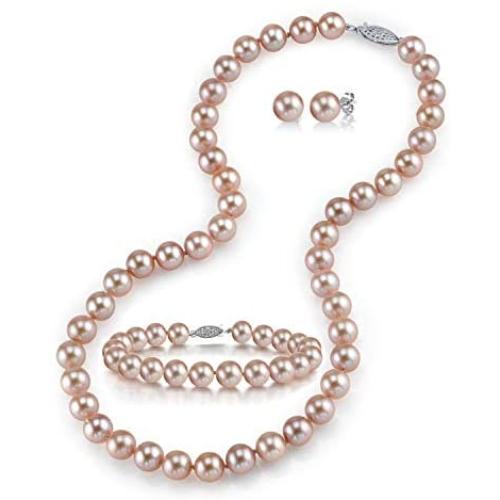 THE PEARL SOURCE 14K Gold 7-8mm Round Pink Freshwater Cultured Pearl Necklace, Bracelet & Earrings Set in 18'' Princess Length for Women