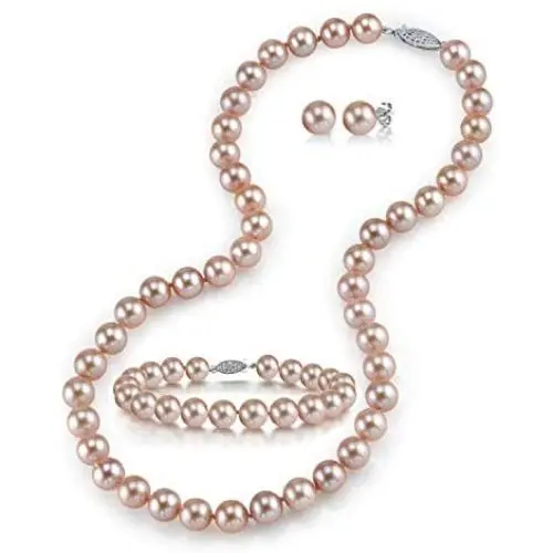 THE PEARL SOURCE 14K Gold 7-8mm Round Pink Freshwater Cultured Pearl Necklace, Bracelet & Earrings Set in 18'' Princess Length for Women THE PEARL SOURCE 14K Gold 7-8mm Round Pink Freshwater Cultured Pearl Necklace, Bracelet & Earrings Set in 18'' Princess Length for Women