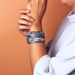 FANCY SHINY Boho Leather Wrap Bracelet Crystal Leaf Cuff Bracelets Bohemian Jewelry with Magnetic Clasp,7.5''