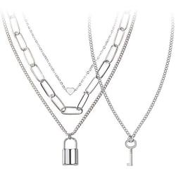 BVROSKI Chains Necklace for Eboy Egirl Men Male Emo Goth Women Teen Girls Boys,2 Layered Lock Key Pendants Necklaces Set,Stainless Steel Jewelry Pack for Pants Punk Play