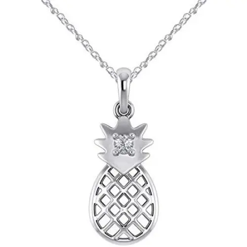 Cute Pineapple Pendant Necklace in 925 Sterling Silver With 0.10 Ct Natural Diamond (I1-I2/G-H) (white-gold-plated-silver)