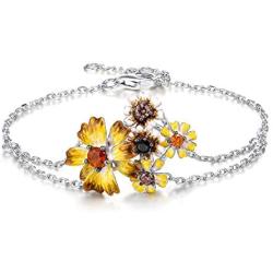Santuzza Sunflower Bracelets Genuine 925 Sterling Silver Gorgeous Yellow Nano Cubic Zirconia Handmade Enamel Jewelry for Women
