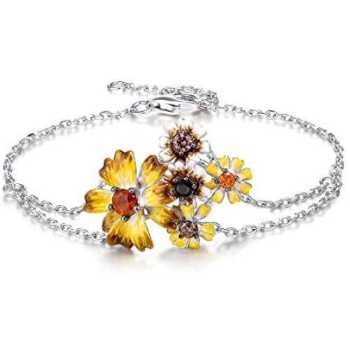 Santuzza Sunflower Bracelets Genuine 925 Sterling Silver Gorgeous Yellow Nano Cubic Zirconia Handmade Enamel Jewelry for Women