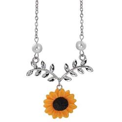 JOYID Sweet Sunflower Pearl Leaf Pendant Necklace Resin Daisy Flower Clavicular Chain Fashion Jewelry for Women