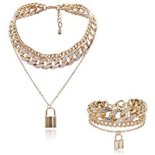 2 Pcs Hip Hop Rhinestone Necklace Shiny Cuban Link Chain Choker Bling Collar Chains Chunky Necklace Bracelet Fashion Punk Lock Pendant Cool Jewelry Gifts Nightclub Jewelry for Women and Girls