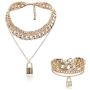 2 Pcs Hip Hop Rhinestone Necklace Shiny Cuban Link Chain Choker Bling Collar Chains Chunky Necklace Bracelet Fashion Punk Lock Pendant Cool Jewelry Gifts Nightclub Jewelry for Women and Girls