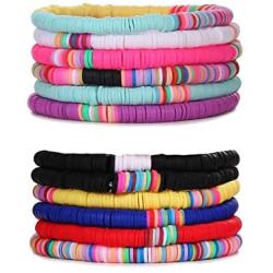 VALIJINA 12Pcs Heishi Surfer Bracelets Set - Handmade Rainbow Bead Bracelet for Women Girls African Vinyl Disc 6mm Beads Stretch Bracelets Vsco Boho Stackable Friendship Bracelets Summer Beach Jewelry