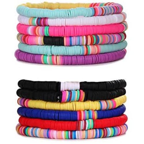 VALIJINA 12Pcs Heishi Surfer Bracelets Set - Handmade Rainbow Bead Bracelet for Women Girls African Vinyl Disc 6mm Beads Stretch Bracelets Vsco Boho Stackable Friendship Bracelets Summer Beach Jewelry