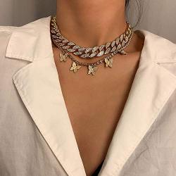 Denifery Butterfly Cuban Link Chain Necklace Butterfly Choker Pendant Necklace Set Women Hip Hop Choker Necklace Punk Jewelry for Women Girls (Silver D)