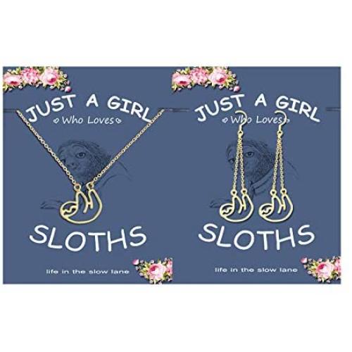 Charm Animal Sloth Drop Earrings Necklace Set,Long Chain Tassel Sloth Earrings Cute Sloth Pendant Necklace with Message Card for Women Teen Girls Child Inspired Jewelry