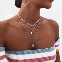 Relbcy Boho Moon Layered Necklaces Silver Stone Pendant Necklace Festival Necklaces Jewelry Accesories for Women and Girls