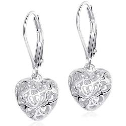 Sllaiss Heart Earrings Hollow Shaped S925 Sterling Silver Leverback Earrings for Women Girls Dangle Drop Earrings