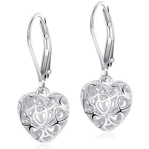 Sllaiss Heart Earrings Hollow Shaped S925 Sterling Silver Leverback Earrings for Women Girls Dangle Drop Earrings