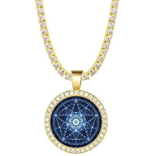 Tetragrammaton Pentacle Necklace & Pendant with 3mm Tennis Chain Cubic Zircon Necklace,Men Women Amulet Statement Jewelry, Wiccan Magical Star Satanism Pendant Necklace