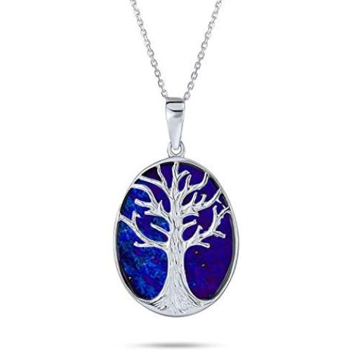Bling Jewelry Lapis Turquoise Abalone White MOP Oval Wishing Tree Family Tree of Life Pendant Necklace for Women 925 Sterling Silver