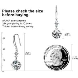 Drop Dangle Earrings 925 Sterling Silver Hook with 9MM 2.75ct CZ and 2pcs Small Cubic Zirconia Design 14K White Gold Plated Hypoallergenic Gorgeous Gift for Women and Girls