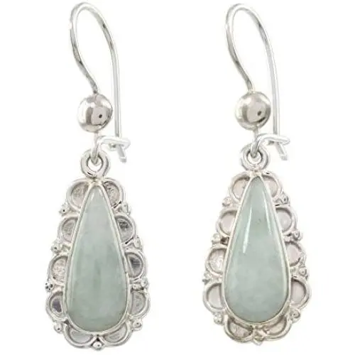 NOVICA Jade and .925 Sterling Silver Flower Dangle Earrings, Blossoming Green Dew NOVICA Jade and .925 Sterling Silver Flower Dangle Earrings, Blossoming Green Dew