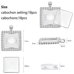 36 Pieces Pendant Trays Set, Including 18 Pieces Rhinestone Bezel Pendant Trays Square Shape Pendants with 18 Pieces Glass Square Cabochons for DIY Jewelry Pendant, Silver