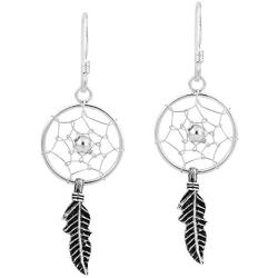 Native American Style Dream Catcher .925 Sterling Silver Dangle Earrings