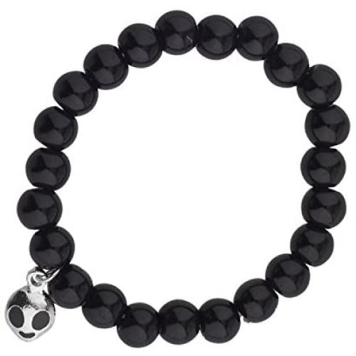 LUX ACCESSORIES Black Beads Pearl Prosperity Silver Alien Head Stretch Bracelet