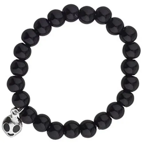 LUX ACCESSORIES Black Beads Pearl Prosperity Silver Alien Head Stretch Bracelet LUX ACCESSORIES Black Beads Pearl Prosperity Silver Alien Head Stretch Bracelet