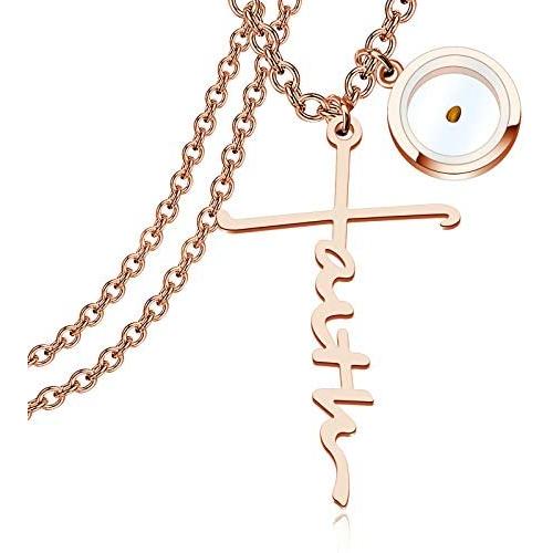 FAADBUK Faith Cross Mustard Seed Necklace Christian Gift Hope Blessed Fearless Believe Mustard Seed Pendant Necklace Religious Inspirational Mustard Seed Jewelry for Women Girls