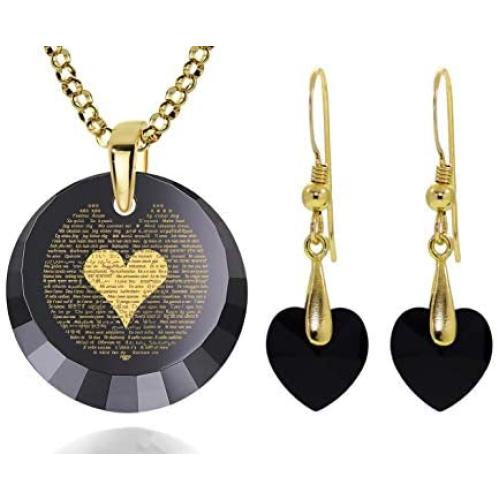 120 Languages I Love You Necklace and Crystal Heart Dangle Earrings Romantic Jewelry Set Love Pendant is 24k Gold Inscribed in Miniature Text on Cubic Zirconia, 18'' Gold Plated Silver Chain