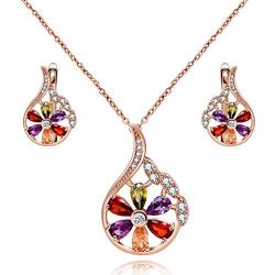 Uloveido Rose Gold Plated Crystal Flower Pendant Necklace and Earrings Set for Women Girls