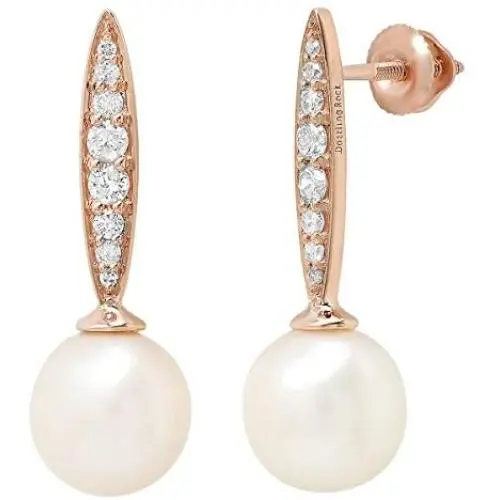 Dazzlingrock Collection 10K Gold 8 MM Each Round White Freshwater Pearls & Diamond Ladies Drop Earrings