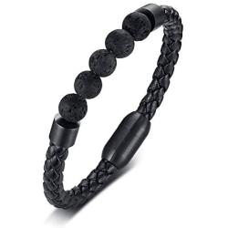 XUANPAI Personalized Custom Name Initial Lava Rock Bracelet Genuine Leather Bracelets with Magnetic Clasp