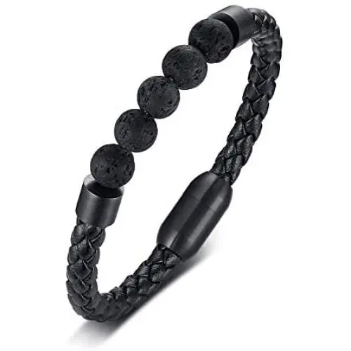 XUANPAI Personalized Custom Name Initial Lava Rock Bracelet Genuine Leather Bracelets with Magnetic Clasp XUANPAI Personalized Custom Name Initial Lava Rock Bracelet Genuine Leather Bracelets with Magnetic Clasp