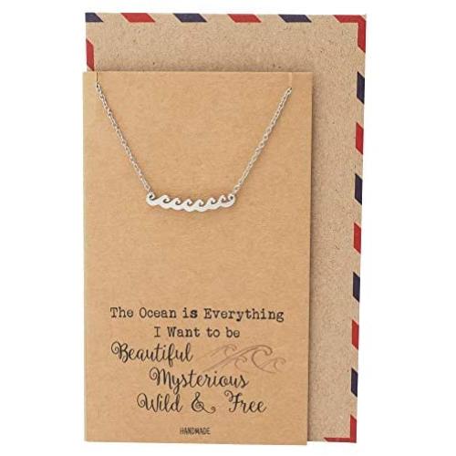 Quan Jewelry Ocean Waves Beach Necklace, Gifts for Surfer, Beach Lover Wanderlust Traveler Pendant Charm, Comes with Handmade Inspirational Quote, Gifts for Beach Goer, Silver Tone