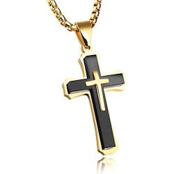 TEMICO Unique Stainless Steel Cross Pendant Necklace for Men Religious Jewelry Black/Gold/Silver Color