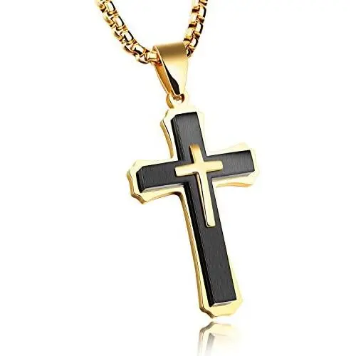 TEMICO Unique Stainless Steel Cross Pendant Necklace for Men Religious Jewelry Black/Gold/Silver Color TEMICO Unique Stainless Steel Cross Pendant Necklace for Men Religious Jewelry Black/Gold/Silver Color