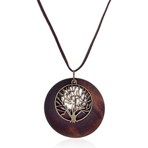 HUNO Tree of Life Pendant Necklace Long Leather Chain Statement Wooden Necklace for Women Girls Vintage Wood Jewelry