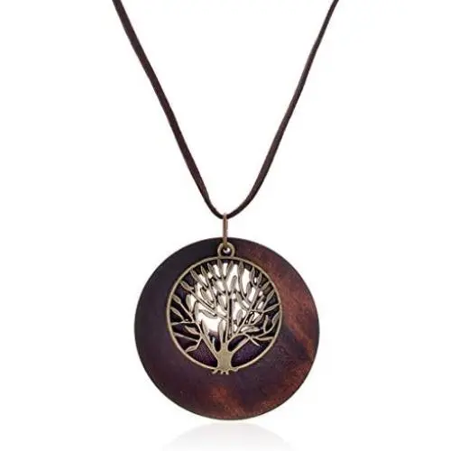 HUNO Tree of Life Pendant Necklace Long Leather Chain Statement Wooden Necklace for Women Girls Vintage Wood Jewelry