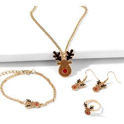4 Pcs Dainty Christmas Jewelry Sets Christmas Tree Jingle Bells Brown Reindeer Pendant Necklaces Earrings Rings Bracelets Set Christmas Jewelry Set Gifts for Women Girls