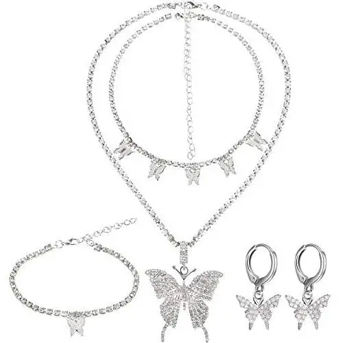 Big Butterfly Pendant Necklace Rhinestone Chain Shiny Crystal Choker Pendant Collar Necklace and Butterfly Bracelet Butterfly Earrings Jewelry for Women Girl (Silver)
