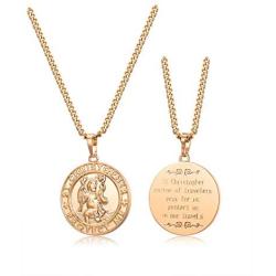 18k Gold Plated Coin Necklace Vintage Textured St Christopher Medal Patron Saint of Travelers Catholic Protection Pendant Necklace, Gold Tone Devotional&nb
