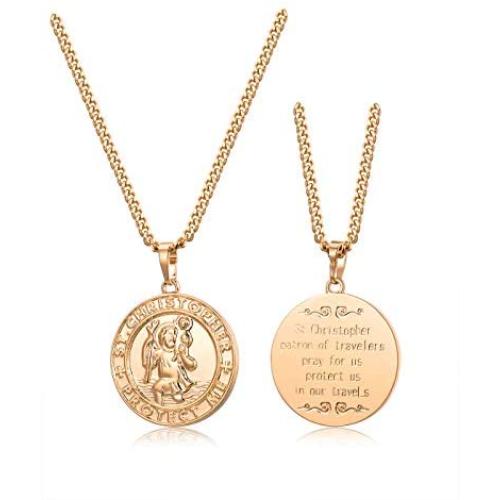18k Gold Plated Coin Necklace Vintage Textured St Christopher Medal Patron Saint of Travelers Catholic Protection Pendant Necklace, Gold Tone Devotional&nb